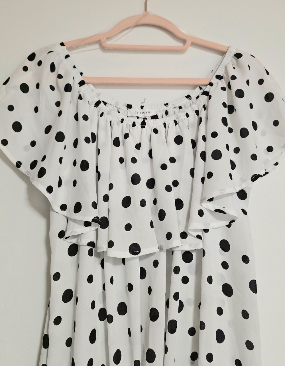 Cherish Polka Dot Off The Shoulder Top Ruffle Flutter Neckline Front Tie Medium - Picture 7 of 9